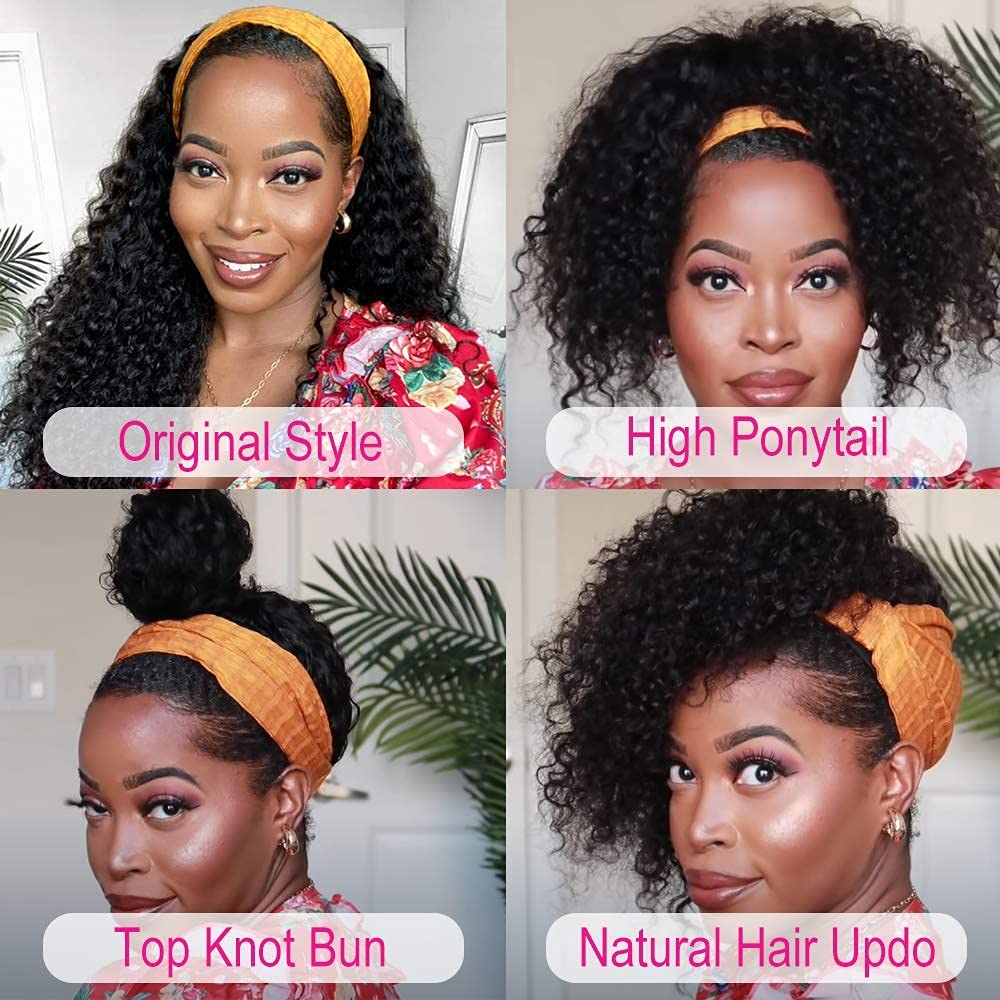 10/20-inches Curly Headband Human Hair Wigs Natrual Black Color