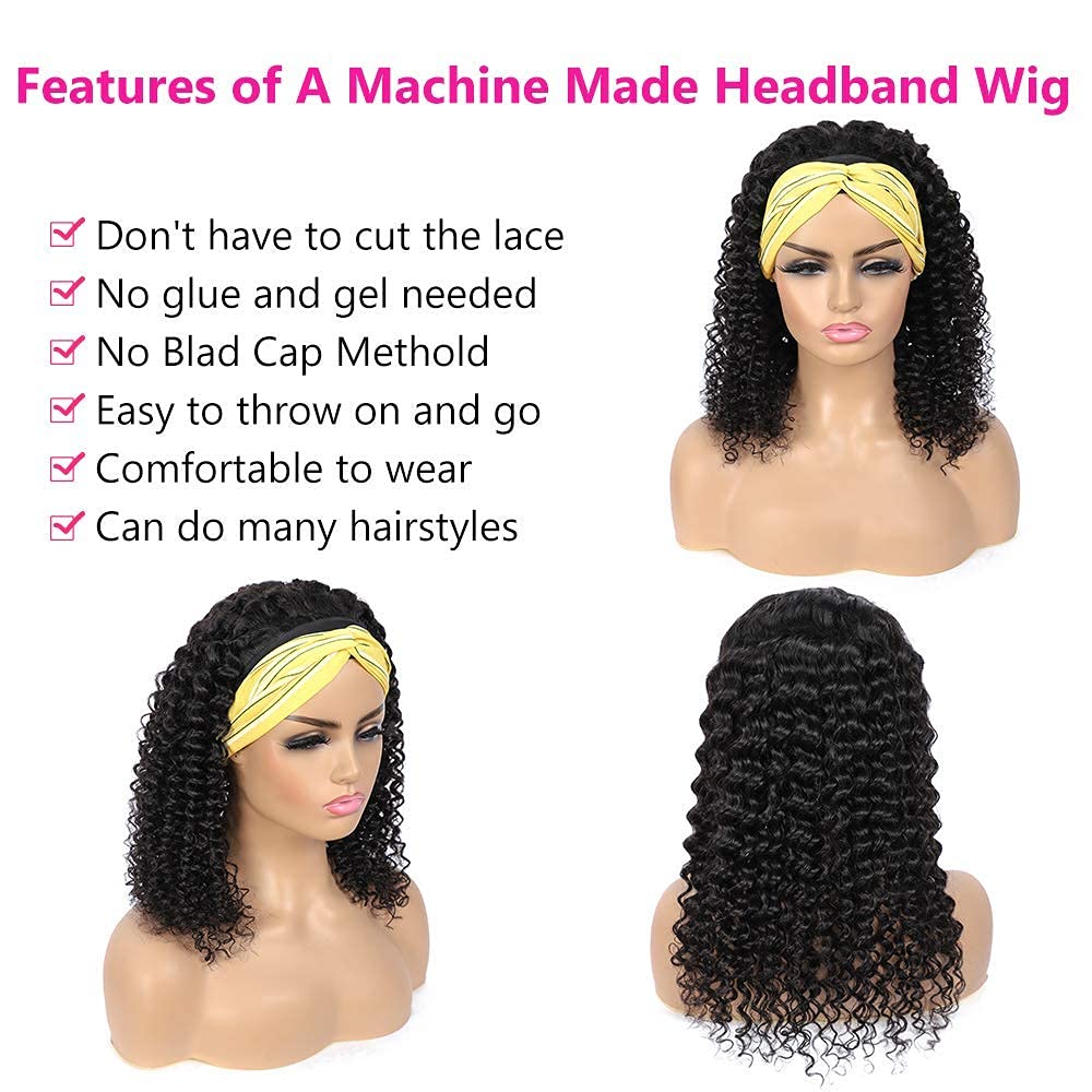 10/20-inches Curly Headband Human Hair Wigs Natrual Black Color