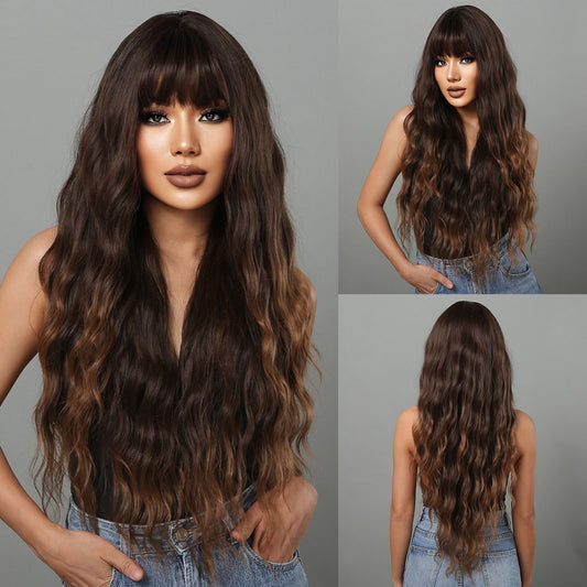 Delivery From US | 30 inch Long Brown Wavy With Bangs for Women MA2029-1