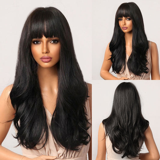 Delivery From US | 24 inch Long Black Wavy With Bangs for Women MA2051-1