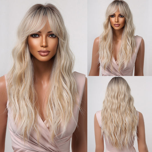 Delivery From US | 30 inch Long Light Gold Wavy Wig With Bangs for Women MA2061-1
