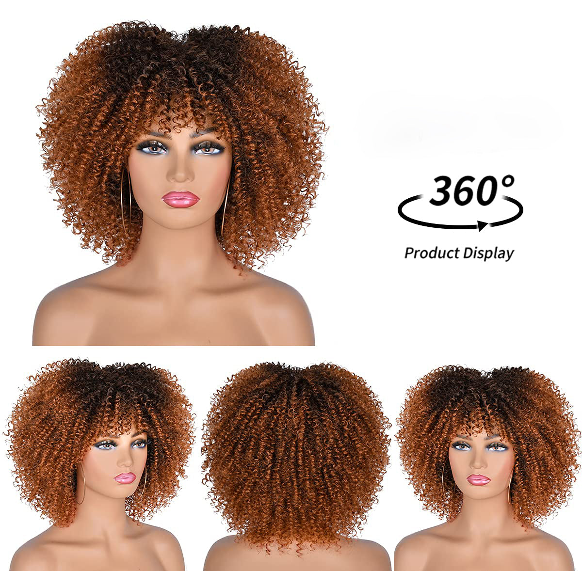 16 inches Synthetic Short Hair Afro Kinky Curly Wigs With Bangs
