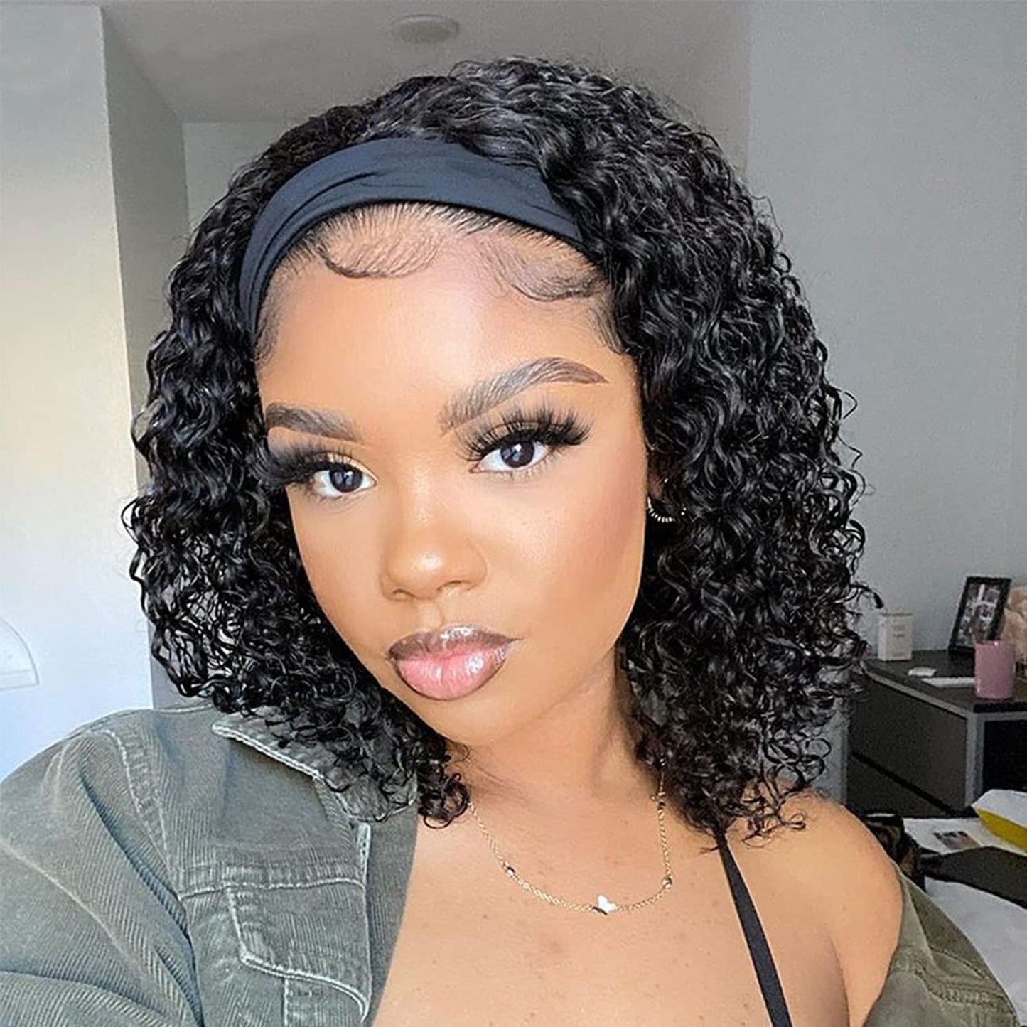 10/20-inches Curly Headband Human Hair Wigs Natrual Black Color