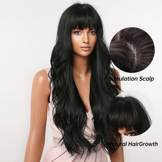 26 Inch Black Long Curly Wavy Wigs with Bangs for Women MA2074-6