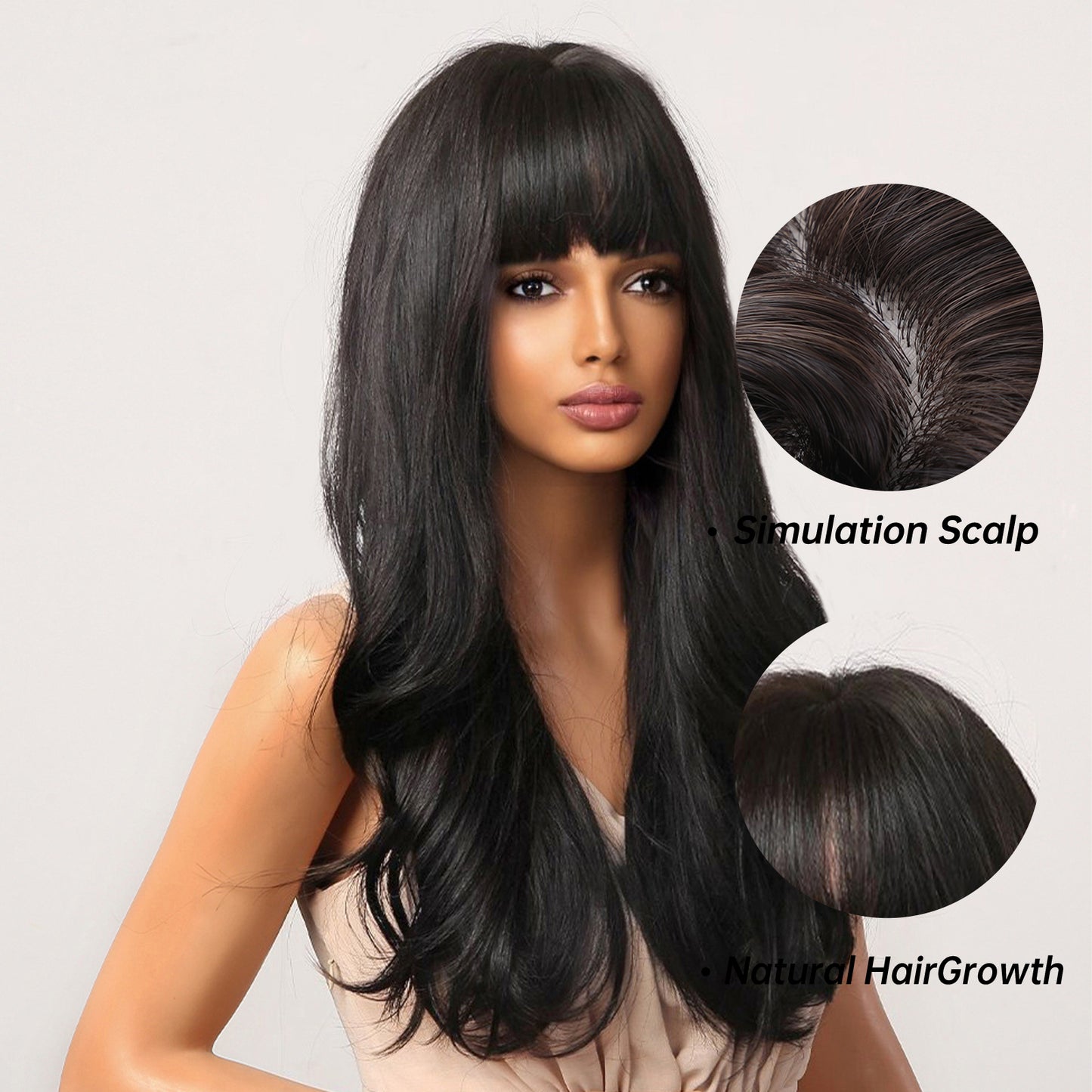 Delivery From US | 24 inch Long Black Wavy With Bangs for Women MA2051-1