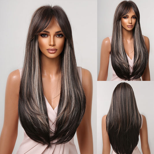 Delivery From US | 26 Inch Black Mixed Brown Long Straight Wigs with Bangs for Women MA2075-1