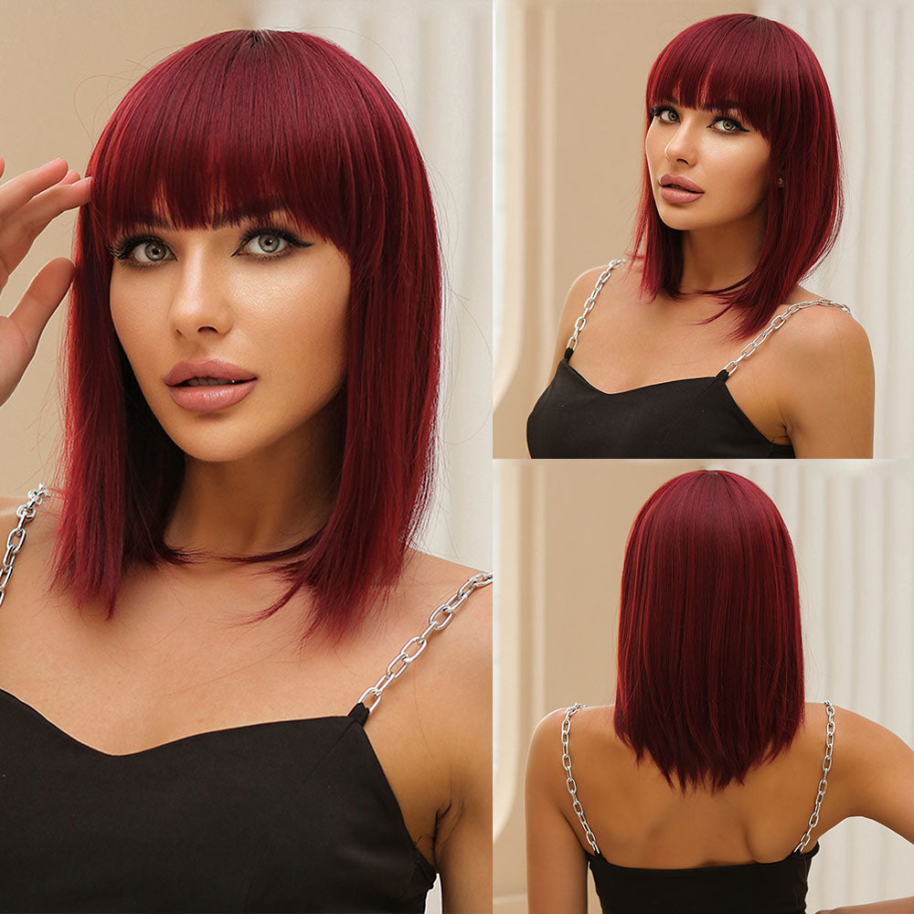 16 Inch Wine Red Bob with Bangs wigs for Women WL1035-1
