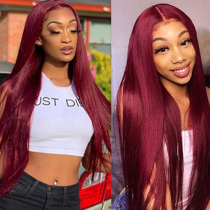 13x4 Lace Frontal Burgundy Color Long Straight 100% Brazilian Human Hair Wig 180% & 210% Density