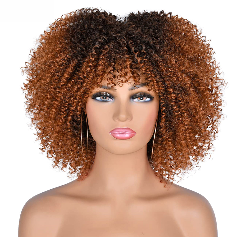 16 inches Synthetic Short Hair Afro Kinky Curly Wigs With Bangs