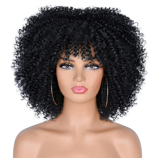 16 inches Synthetic Short Hair Afro Kinky Curly Wigs With Bangs