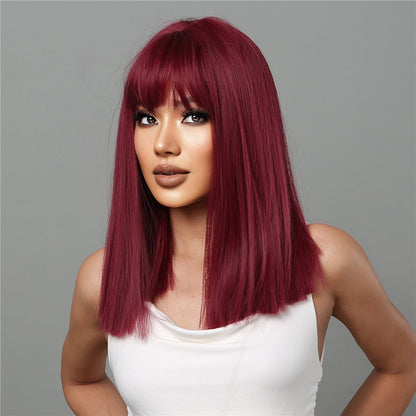 Delivery From US | 18 inch Long Straight Wine Red Wigs with Bangs with Bangs for Women MA2072-1