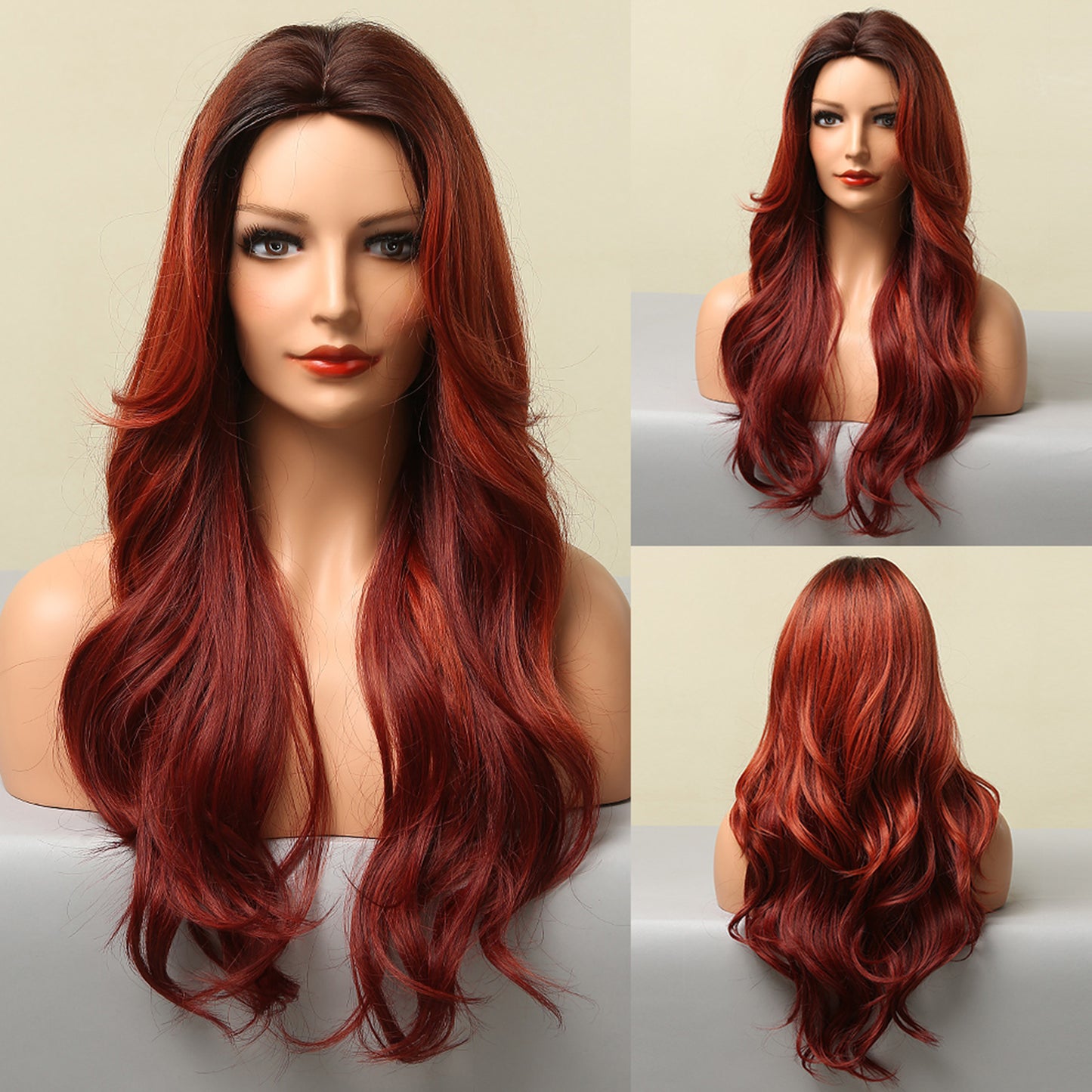 28 Inch Long Dark Red Wavy Wig With Bangs Synthetic Heat Resistant Wig LC5221-1