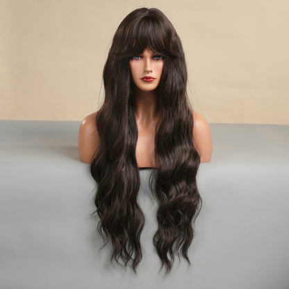 26 Inch Long Dark Brown Wavy Wig With Bangs Synthetic Heat Resistant Wig LC5123-1