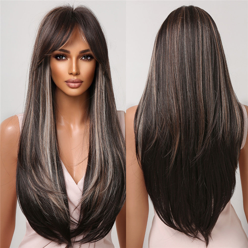 Delivery From US | 26 Inch Black Mixed Brown Long Straight Wigs with Bangs for Women MA2075-1