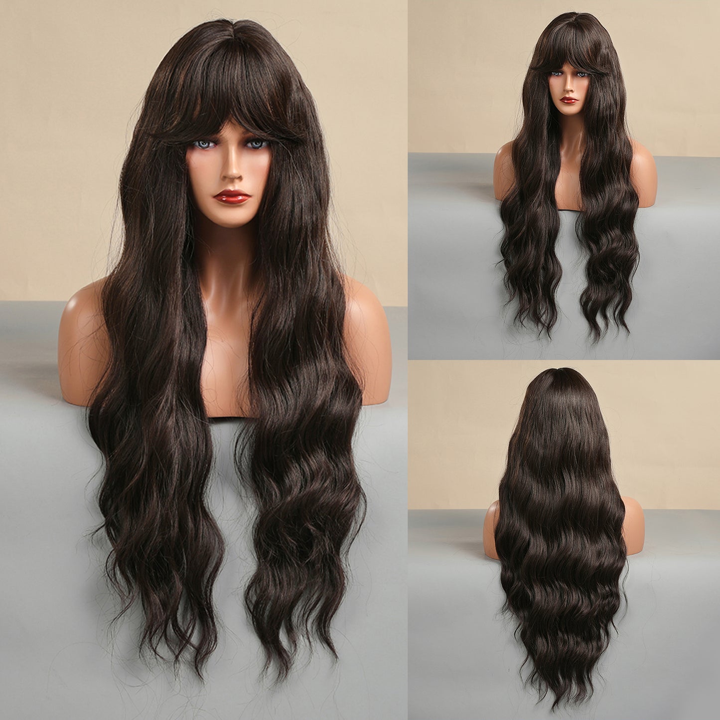 26 Inch Long Dark Brown Wavy Wig With Bangs Synthetic Heat Resistant Wig LC5123-1