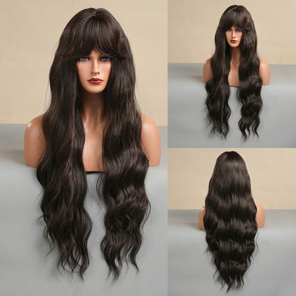 26 Inch Long Dark Brown Wavy Wig With Bangs Synthetic Heat Resistant Wig LC5123-1