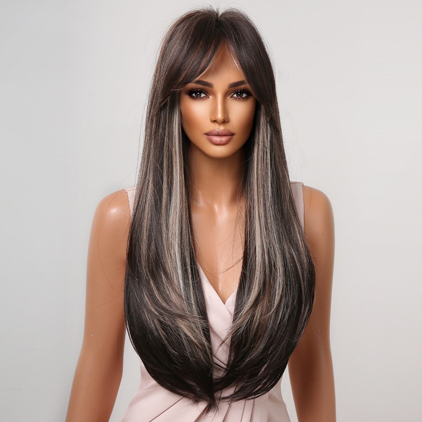 Delivery From US | 26 Inch Black Mixed Brown Long Straight Wigs with Bangs for Women MA2075-1