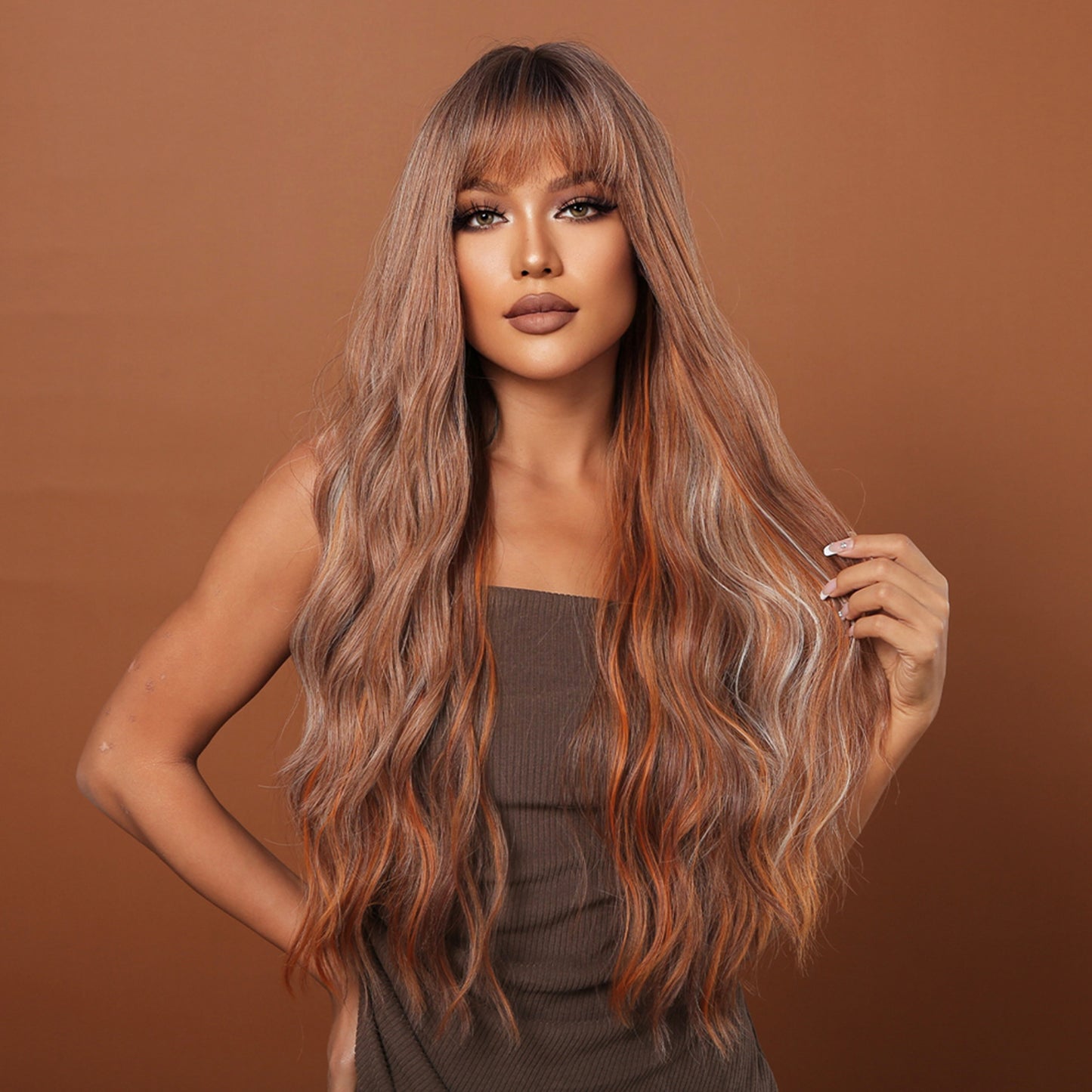 Delivery From US | 30 inch Long Brown Mixed Blonde Wavy Wig for Women MA2039-1