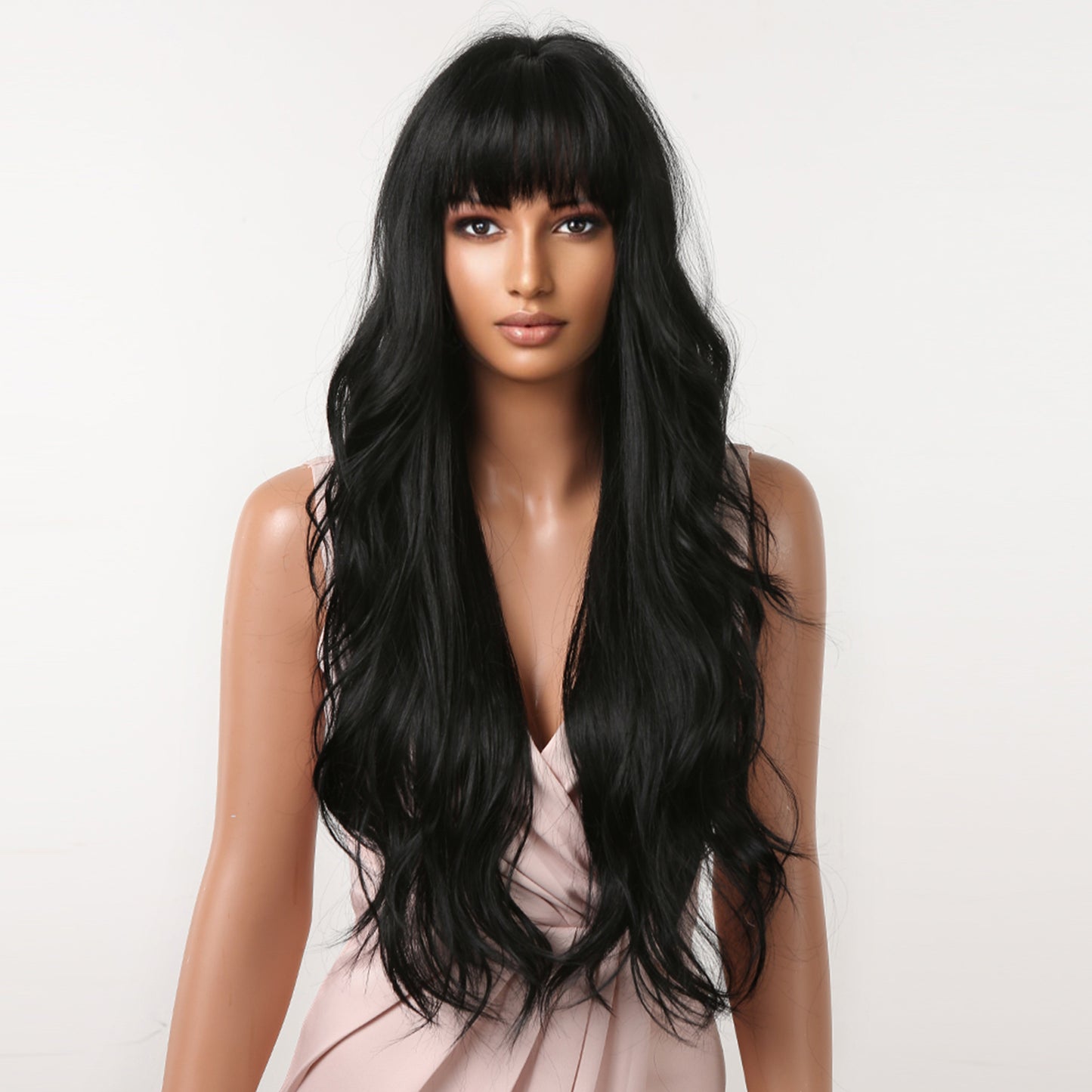 26 Inch Black Long Curly Wavy Wigs with Bangs for Women MA2074-6