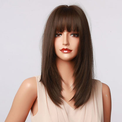 Delivery From US | 16 Inch Medium Length Straight Dark Brown Wig With Bangs Synthetic Heat Resistant Wig LC5056-1