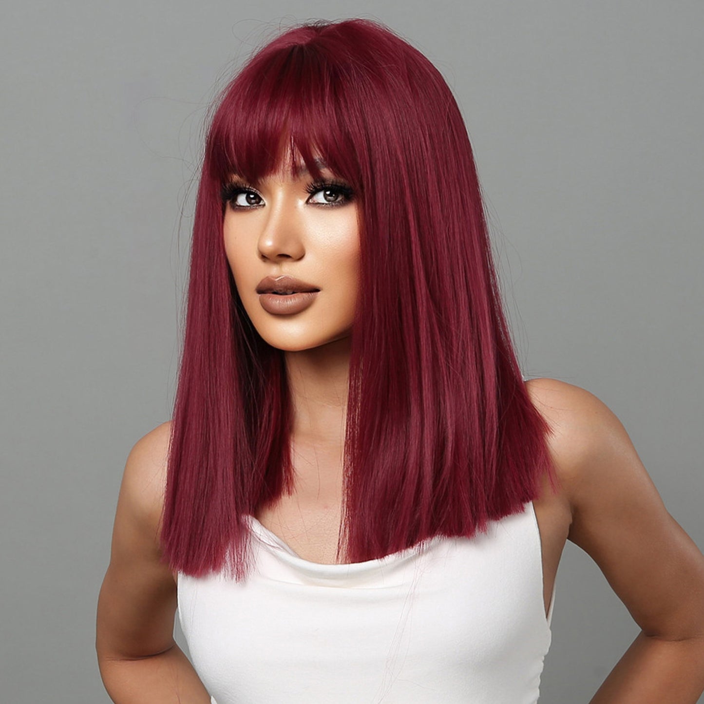 Delivery From US | 18 inch Long Straight Wine Red Wigs with Bangs with Bangs for Women MA2072-1