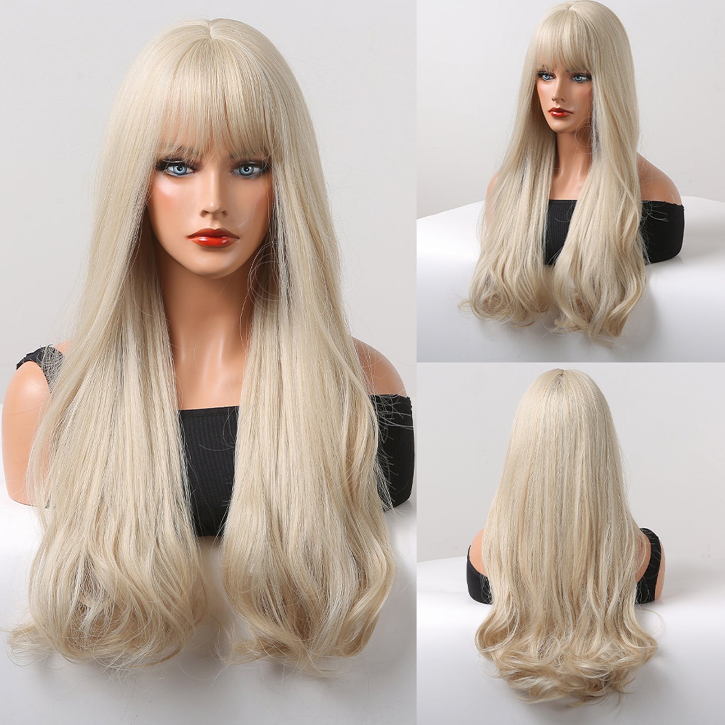 24 Inch Long Platinum Wavy Wig With Bangs Synthetic Heat Resistant Wig LC5038-1