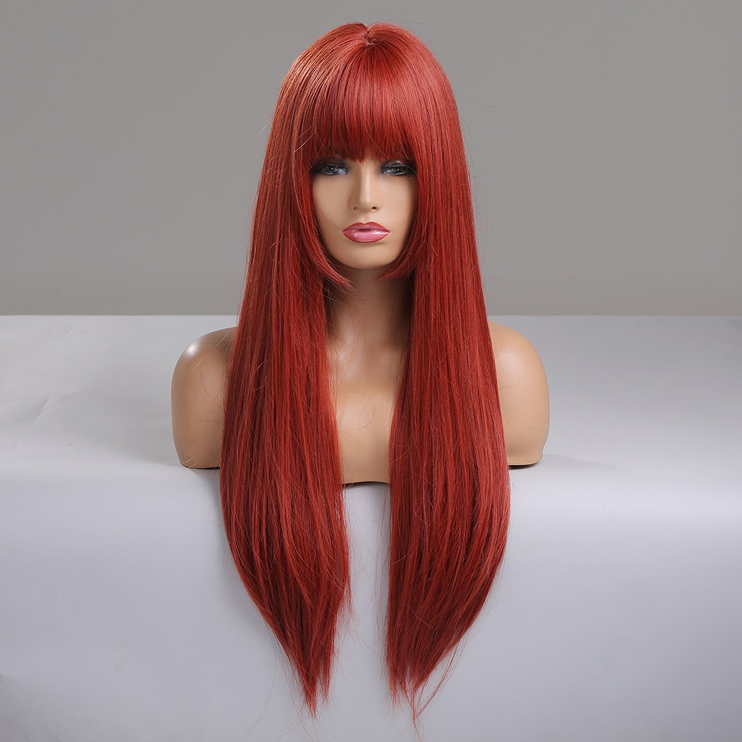 24 Inch Long Red Straight Wig With Bangs Synthetic Heat Resistant Wig LC5021-1