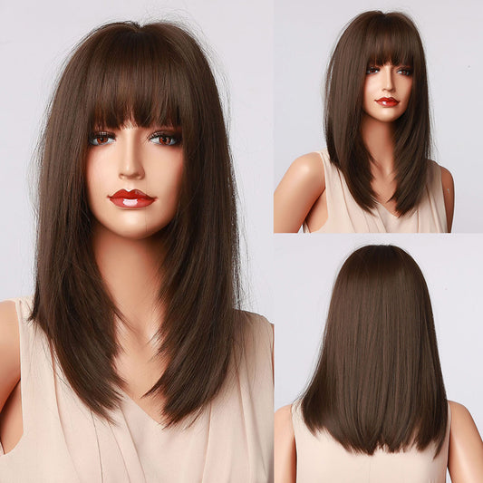 Delivery From US | 16 Inch Medium Length Straight Dark Brown Wig With Bangs Synthetic Heat Resistant Wig LC5056-1