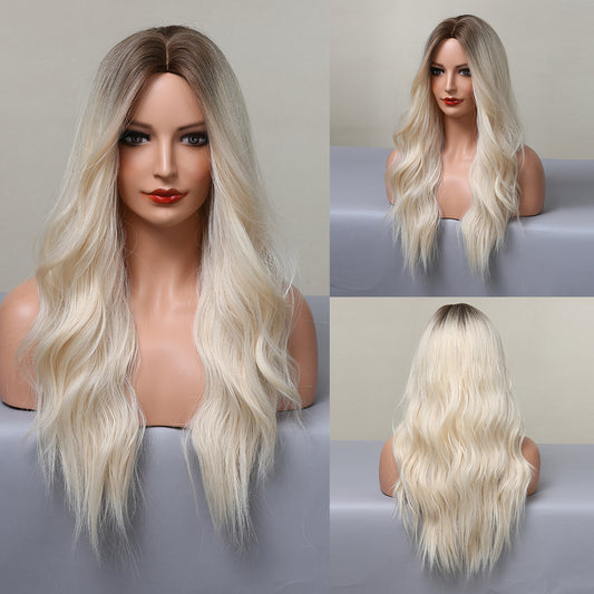 26 Inch Long Wavy Platinum Wavy Wig Middle Part Synthetic Heat Resistant Wig LC179-11