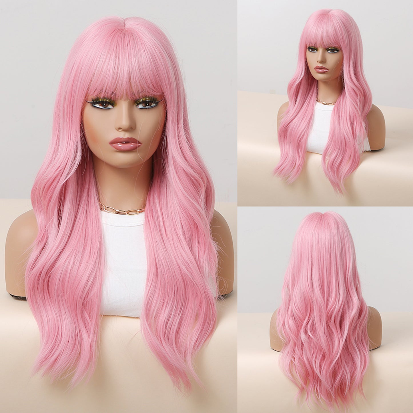 24 Inch Long Pink Wavy Wig With Bangs Synthetic Heat Resistant Wig WL1038-1