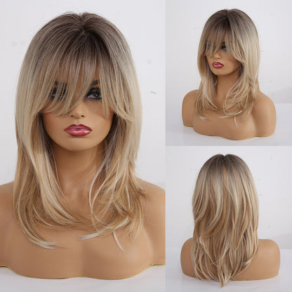 20 Inch Medium Length Layered Wig Blonde With Bangs Synthetic Heat Resistant Wig LC242-1