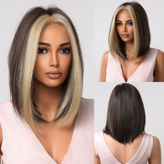 Delivery From US | 14 inch Brown Bob with Platinum Highlight Wigs for Women MA2004-1