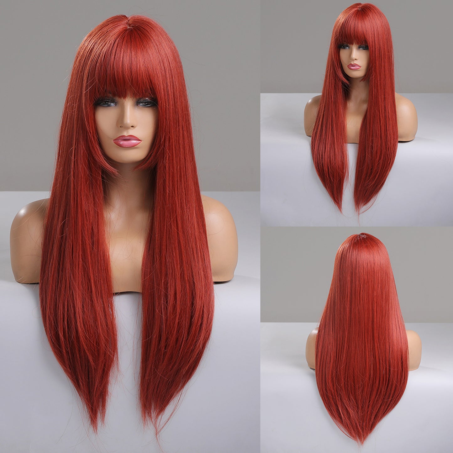 24 Inch Long Red Straight Wig With Bangs Synthetic Heat Resistant Wig LC5021-1