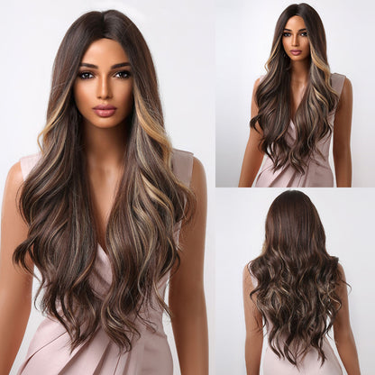 Delivery From US | 30 inch Long Brown Mixed Blonde Wavy Wig for Women MA2048-1