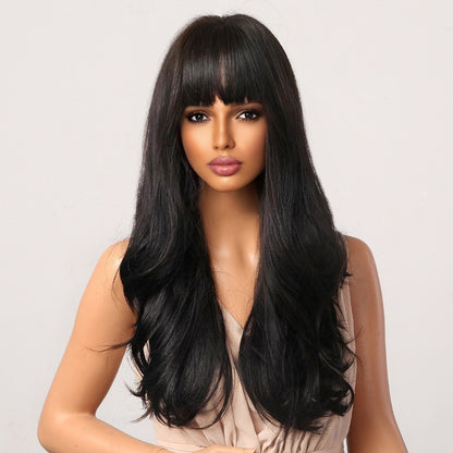 Delivery From US | 24 inch Long Black Wavy With Bangs for Women MA2051-1