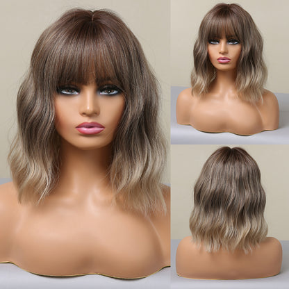 24 Inch Short Wavy Greyish Green Bob with Bangs Synthetic Heat Resistant Wig LC058-1