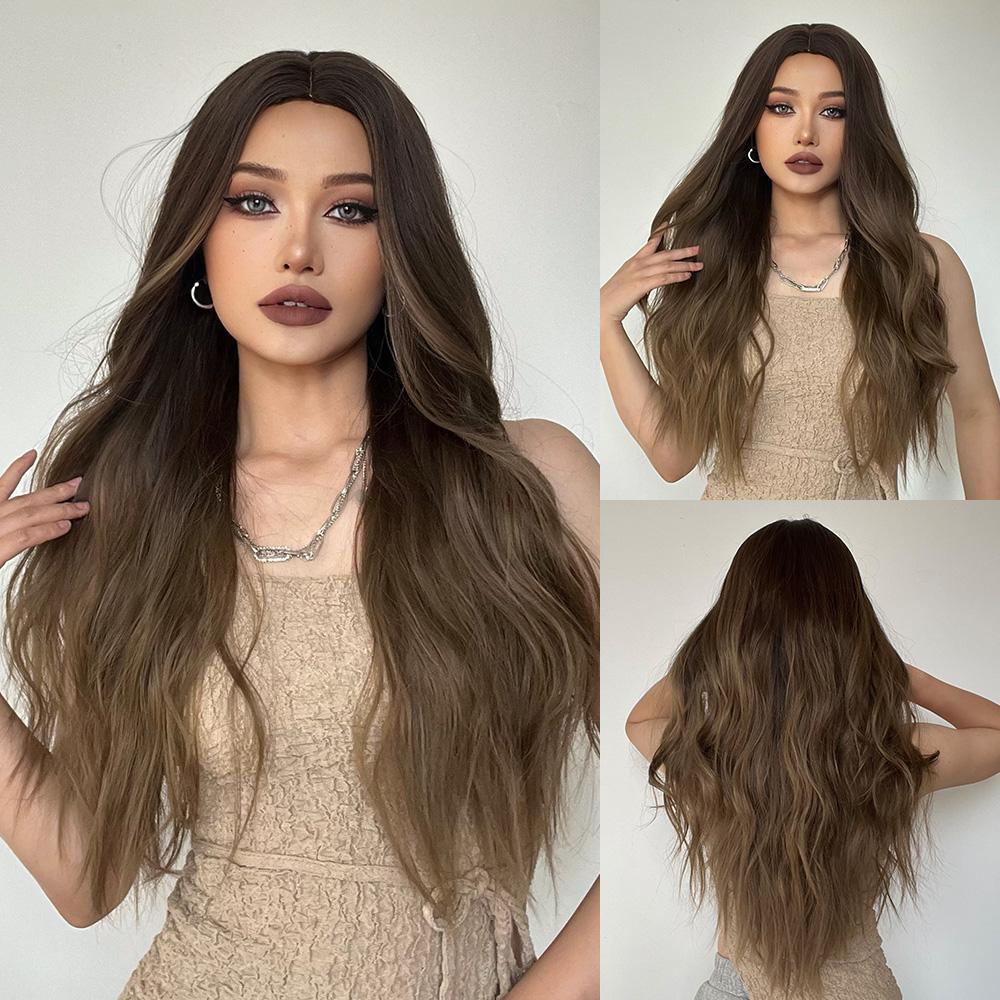 28 inches wave long hair ombre brown fashion wig LC179-1