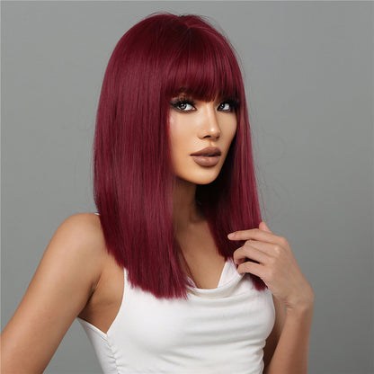 Delivery From US | 18 inch Long Straight Wine Red Wigs with Bangs with Bangs for Women MA2072-1