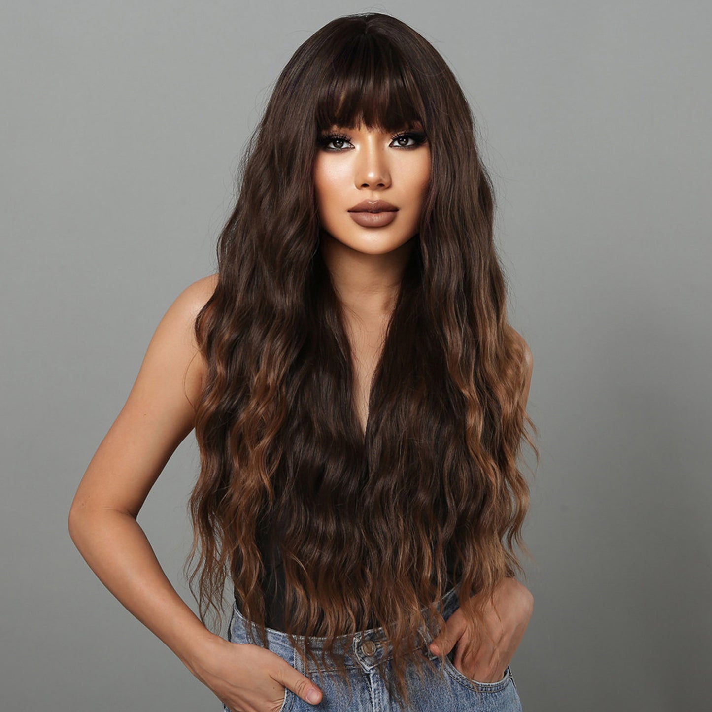 Delivery From US | 30 inch Long Brown Wavy With Bangs for Women MA2029-1