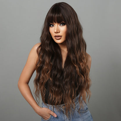 Delivery From US | 30 inch Long Brown Wavy With Bangs for Women MA2029-1