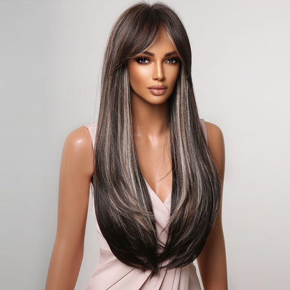 Delivery From US | 26 Inch Black Mixed Brown Long Straight Wigs with Bangs for Women MA2075-1