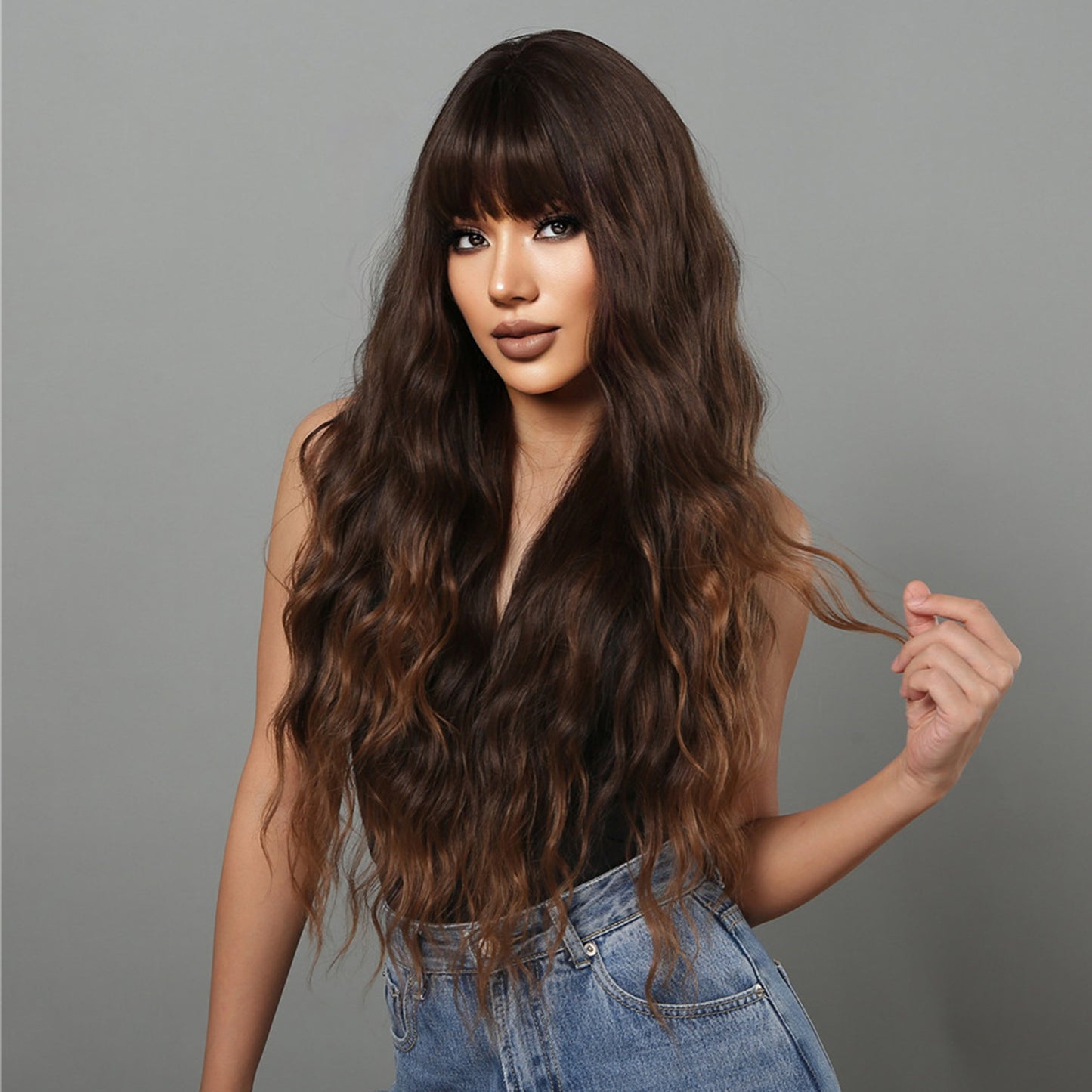 Delivery From US | 30 inch Long Brown Wavy With Bangs for Women MA2029-1