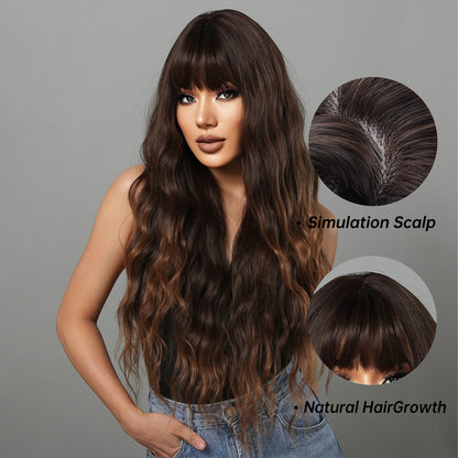 Delivery From US | 30 inch Long Brown Wavy With Bangs for Women MA2029-1