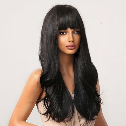 Delivery From US | 24 inch Long Black Wavy With Bangs for Women MA2051-1