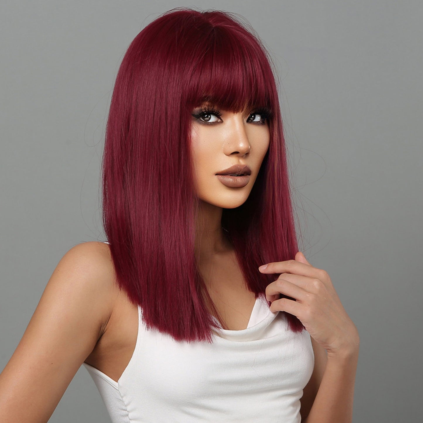 Delivery From US | 18 inch Long Straight Wine Red Wigs with Bangs with Bangs for Women MA2072-1