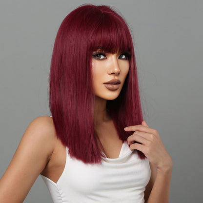 Delivery From US | 18 inch Long Straight Wine Red Wigs with Bangs with Bangs for Women MA2072-1