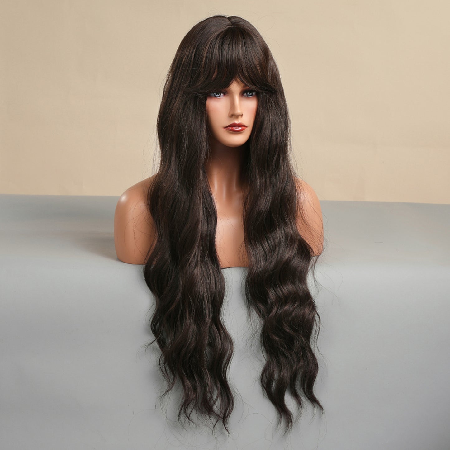 26 Inch Long Dark Brown Wavy Wig With Bangs Synthetic Heat Resistant Wig LC5123-1