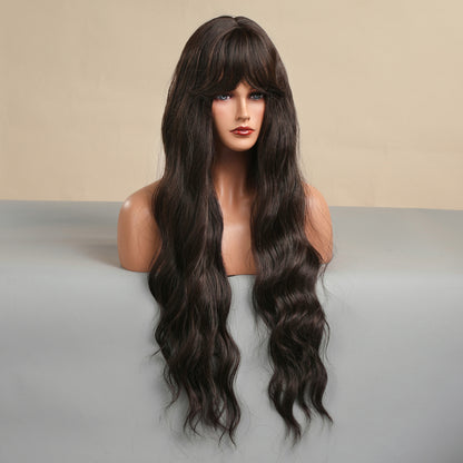 26 Inch Long Dark Brown Wavy Wig With Bangs Synthetic Heat Resistant Wig LC5123-1