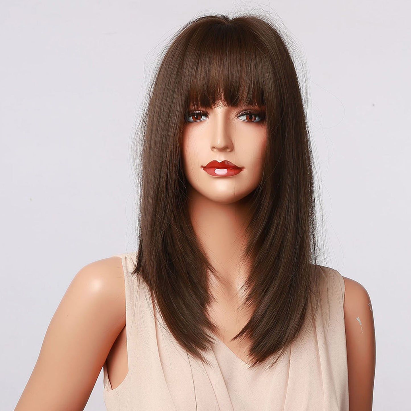 Delivery From US | 16 Inch Medium Length Straight Dark Brown Wig With Bangs Synthetic Heat Resistant Wig LC5056-1