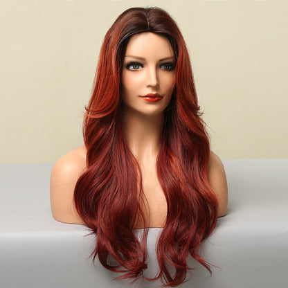 28 Inch Long Dark Red Wavy Wig With Bangs Synthetic Heat Resistant Wig LC5221-1